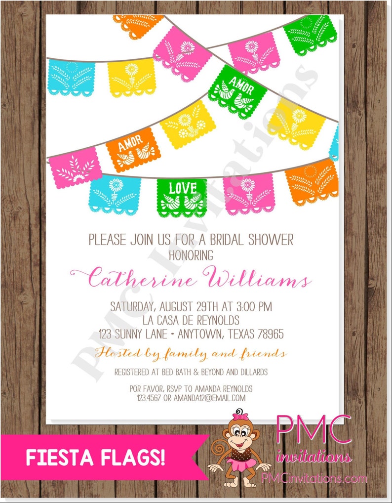 Custom Printed Papel Picado, Mexican theme Flags, Papel Picado Bridal Shower Invitations Bridal Party Invitation 1.00 each with envelope image 1