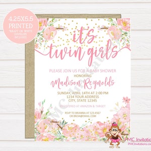 Custom PRINTED 4.25X5.5 Watercolor Pink Floral Twins Baby Shower, Twin Baby Shower, Girl Twins Baby Shower Invitation, kraft white envelope image 1