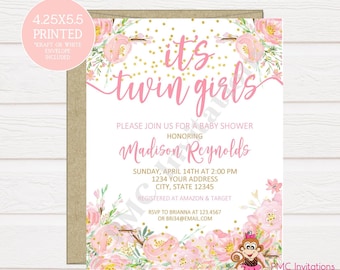 Custom PRINTED 4.25X5.5 Watercolor Pink Floral Twins Baby Shower, Twin Baby Shower, Girl Twins Baby Shower Invitation, kraft white envelope