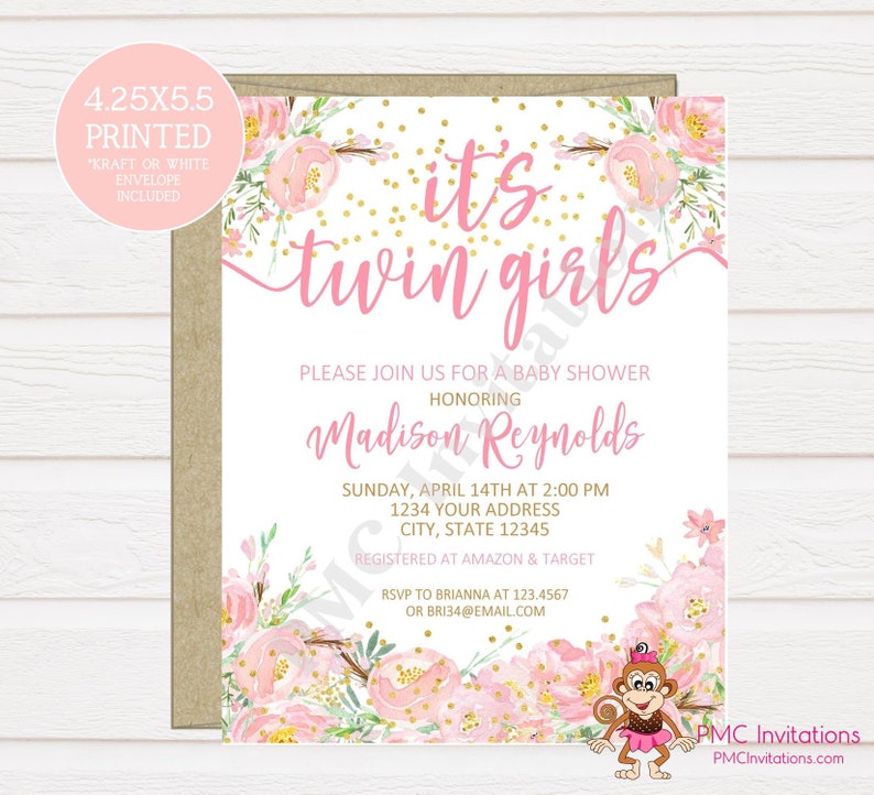 Custom PRINTED 4.25X5.5 Watercolor Pink Floral Twins Baby Shower, Twin Baby Shower, Girl Twins Baby Shower Invitation, kraft white envelope image 1