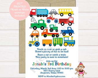 Custom Printed 5x7" Automotive, Transportation, Cars, Trucks Birthday Invitations, Things that Go - 1.00 each with envelope