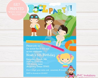 Custom Printed Boy Girl Pool Party Birthday Invitations - 1.00 each with envelope