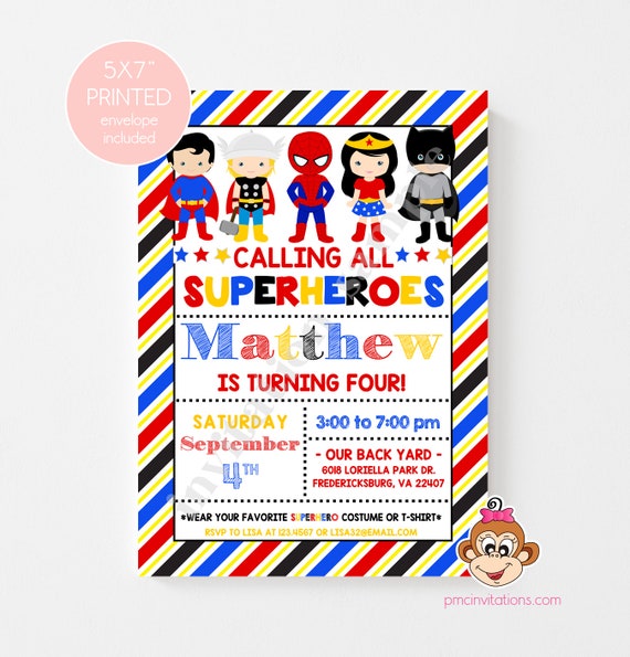 PRINTED Superhero Birthday Invitations, Superhero Birthday, Boy Girl Superhero Birthday Invitation, envelopes included Il_570xn