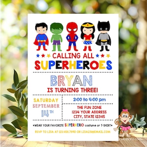 Printed 5x7, Superhero Birthday Invitation, Superhero Party Invitation, Calling all Superheroes, envelopes included