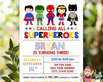Printed 5x7, Superhero Birthday Invitation, Superhero Party Invitation, Calling all Superheroes, envelopes included