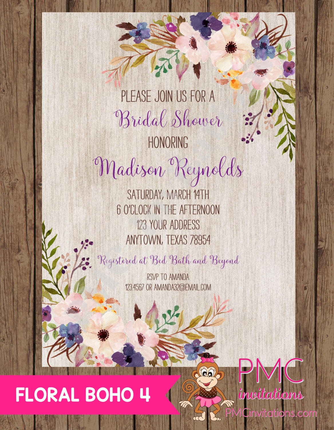 Custom Printed Floral Boho Bridal Shower Invitations Bridal Etsy