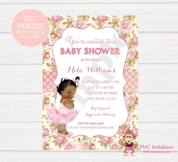 Custom Printed Shabby Chic Vintage African American Ballerina Baby Shower Invitations - 1.00 each with envelope Il_570xn