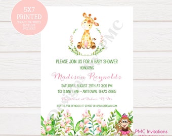 Custom Printed Watercolor, Wild Animals, Jungle, Safari, Giraffe Baby Shower Invitations - 1.00 each with envelope