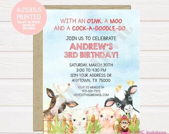 Custom PRINTED 4.25X5.5 Barn Animals Birthday Invitation, Farm, Barn, Animals Birthday Invitation, kraft / white envelope included