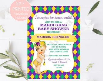Mardi Gras Baby Shower Invitations | Mardi Grad baby | Select skin/hair color | PRINTED 5X7 | envelopes included