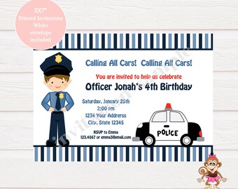 Custom Printed 5X7 Police Birthday Invitations, Kids Birthday, Boys Police Birthday, Officer Birthday - 1.00 each with envelope