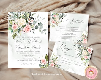 Printed 5X7 Greenery, Foliage Wedding Invitation, Pink Floral Wedding Invitation, Greenery Wedding Invitation, Watercolor Eucalyptus Wedding