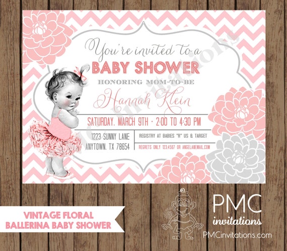 Custom Printed Vintage Floral Ballerina Baby Shower Invitations - 1.00 each with envelope Il_570xn