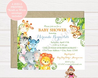 Custom PRINTED 4.25X5.5 Watercolor Jungle, Safari, Wild Animals, Jungle Baby Shower Invitation, envelopes included