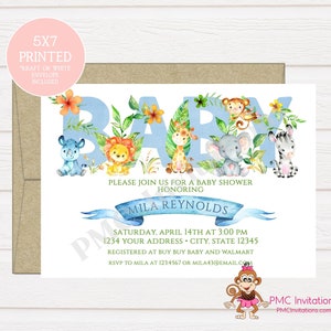 Custom Printed Jungle, Watercolor, Wild Animals, Safari Baby Shower Invitations boy, girl, gender neutral 1.00 each with envelope image 1