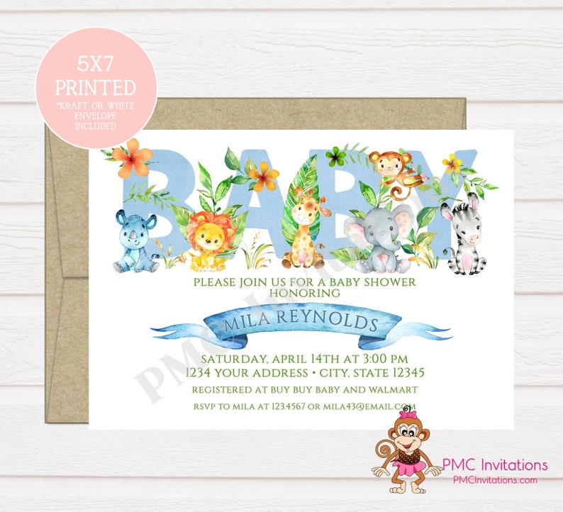 Custom Printed Jungle, Watercolor, Wild Animals, Safari Baby Shower Invitations boy, girl, gender neutral 1.00 each with envelope image 1