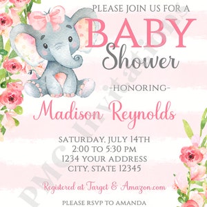 Custom Printed 4.25X5.5 Watercolor Pink Elephant Baby Shower, Floral Elephant Baby Shower, Invitations, envelopes included image 2