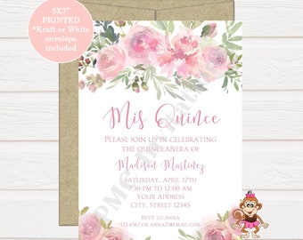 Watercolor Pink Floral Quinceañera Invitation, 15th Birthday, Quinceañera Party, Quinceañera  Birthday, 1.00 each with envelope