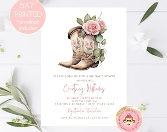 PRINTED 5X7" Country Western Bridal Shower Invitation, Rustic Western, Cowgirl Bridal Shower, Cowgirl boots, envelopes included