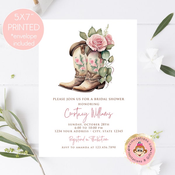 PRINTED 5X7" Country Western Bridal Shower Invitation, Rustic Western, Cowgirl Bridal Shower, Cowgirl boots, envelopes included
