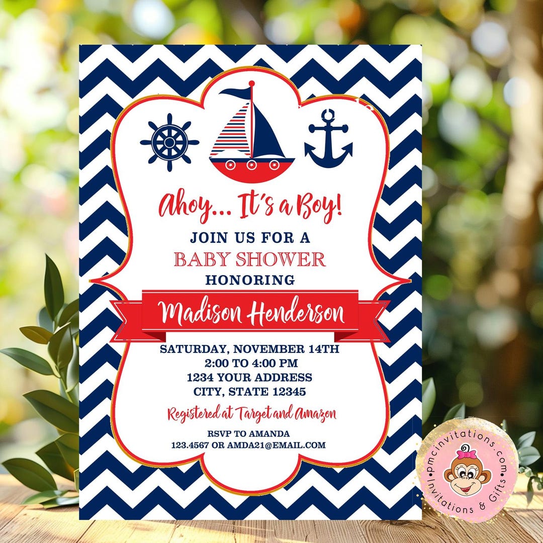 Invitaciones para baby shower náutico, azul marino y rojo, ancla, velero y  chevron (con sobres) - Etsy México, image size:1080x1080