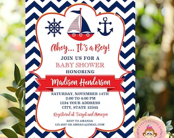 Nautical Baby Shower Invitations, Navy Blue and Red Nautical Baby Shower, Anchor, Sailboat, Chevron Nautical Baby Shower - with envelopes