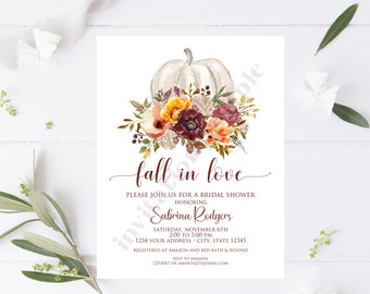 Custom PRINTED 4.25X5.5 Fall in Love Bridal Shower invitation, Fall Floral, Autumn, Pumpkin, Bridal Shower, kraft or white envelope included