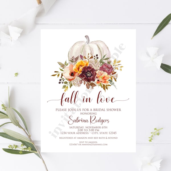 Custom PRINTED 4.25X5.5 Fall in Love Bridal Shower invitation, Fall Floral, Autumn, Pumpkin, Bridal Shower, kraft or white envelope included