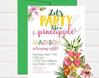 Custom PRINTED 4.25X5.5 Watercolor Pineapple, Tropical, Party Like a Pineapple Birthday Invitation, Pineapple Birthday, Envelopes included