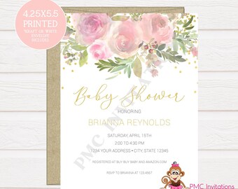 Custom PRINTED 4.25X5.5 Watercolor Pink Floral, Pink Gold,  Baby Shower, Bridal Shower Invitation, kraft or white envelope