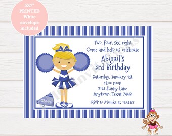 Custom Printed 5X7 Blue Cheer Birthday Invitations - Cheerleader Birthday - Cheer Party- Cheer Birthday