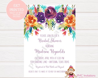 Custom Printed Purple Floral Watercolor Bridal Shower Invitations - Watercolor Floral Invitation - 1.00 each with envelope
