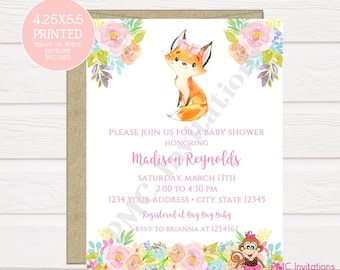Custom PRINTED 4.25X5.5 Watercolor Pink Floral, Fox, Woodland, Baby Shower, Fox Baby Shower Invitation, kraft or white envelope