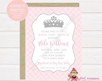 Custom PRINTED 4.25X5.5 Pink and Gray Royal Princess Baby Shower Invitation, kraft or white envelope included