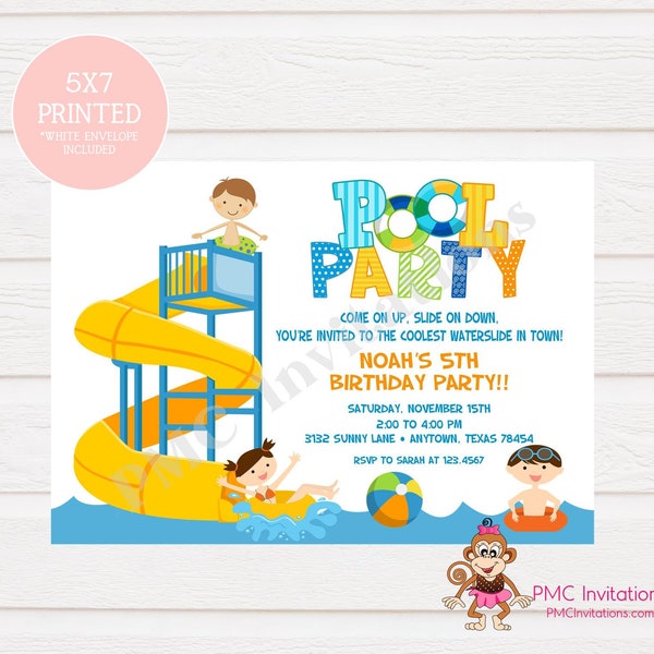 Custom Printed Water Slide Pool Party Birthday Invitation - 1.00 each with envelope