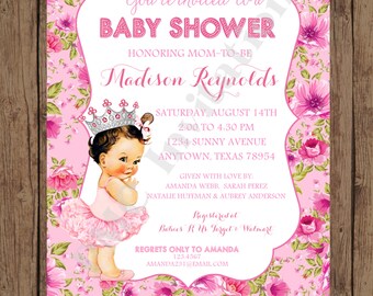 Custom Printed Shabby Chic Vintage Ballerina Baby Shower Invitations - Any hair color - 1.00 each with envelope