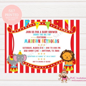 May include: A red and white striped circus tent with a white banner that says "Join us for a baby shower under the big top featuring Madison Reynolds". The banner is decorated with colorful stars. The text below the banner says "Saturday, March 8th 2:00 to 4:00 PM 3232 Sunny Lane Anytown, TX 78841 Registered at Babies "R" Us & Target RSVP to Amanda at 123.4567". The banner is decorated with colorful stars. There is a gray elephant balancing on a ball and a lion balancing on a ball. There is a monkey in the bottom right corner.