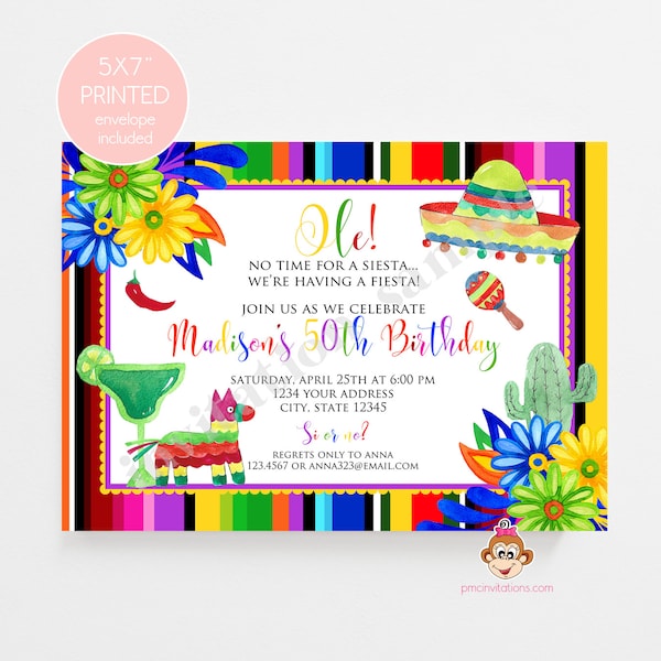 Printed Mexican Fiesta Party Birthday Invitations, Ole, Fiesta Birthday Invitation, envelopes included