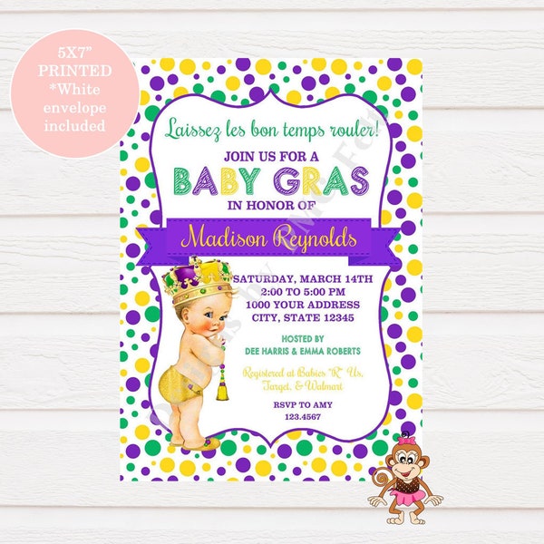 Custom Printed 5X7" Vintage Antique BOY Mardi Gras Baby Shower Invitations - Select skin/hair color -  1.00 each with envelope