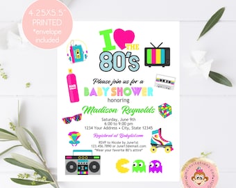 Printed 4.25X5.5" 80's Baby Shower Invitation, I love the 80's Baby Shower Invitation, 80s, Baby Shower, with envelopes