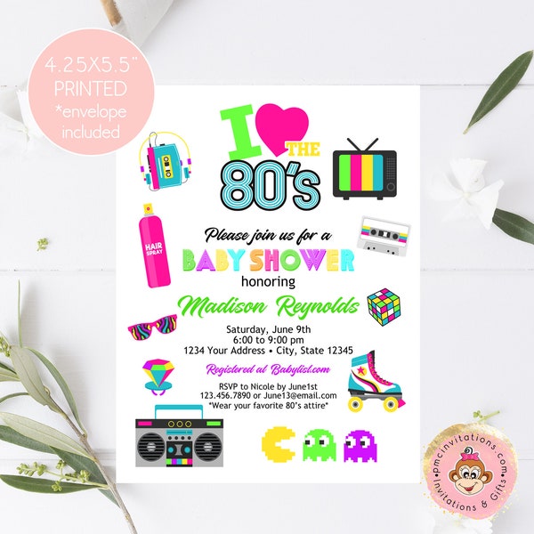 Printed 4.25X5.5" 80's Baby Shower Invitation, I love the 80's Baby Shower Invitation, 80s, Baby Shower, with envelopes