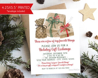 Custom PRINTED 4.25X5.5 Holiday Gift Exchange, Favorite Things, Christmas Party, Christmas Gift Exchange, kraft or white env. included