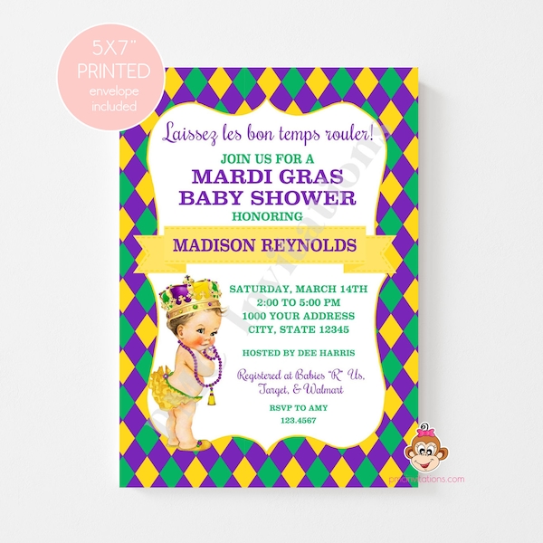 Custom Printed Vintage Antique Mardi Gras Baby Shower Invitations - Select skin/hair color -  1.00 each with envelope