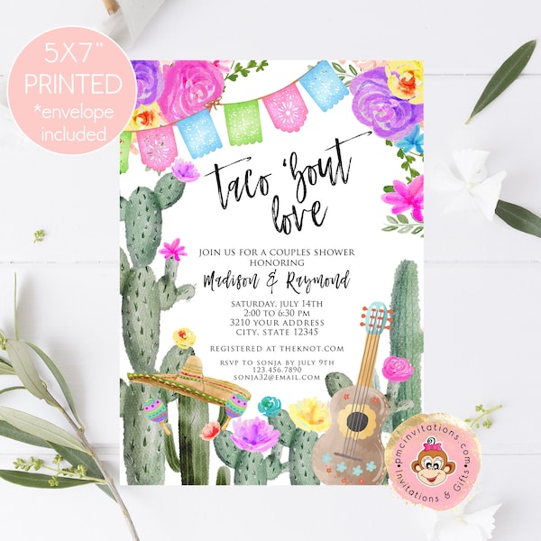 Let's taco 'bout love, Mexico Theme Couples Shower Invitation, Taco, Bridal Shower, Taco about love, 5X7 Printed, envelope included