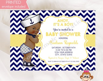 Navy and Yellow Chevron Nautical African American Baby Shower Invitations - 1.00 each with envelope