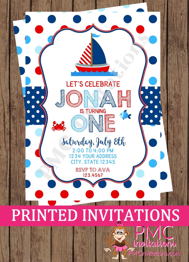 Custom Printed Nautical Sailboat Birthday Invitations envelope included 1.00 each image 1