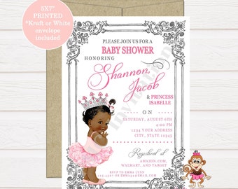Custom Printed 5x7 Shabby Chic, Antique, Vintage, Select hair/skin color, Gray and Pink, Royal Princess Baby Shower Invitations