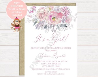 Custom Printed 5X7 Watercolor, Blush Pink Floral Baby Shower Invitations - It's a Girl, Floral Baby Shower Invitation - Envelopes included