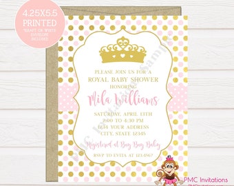 Custom PRINTED 4.25X5.5 Pink and Gold Royal Princess Baby Shower Invitation, kraft or white envelope included