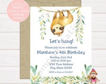 Custom PRINTED 4.25X5.5 Watercolor Sloth Birthday Invitation, Sloth Birthday, Boy Sloth, kraft or white envelope included